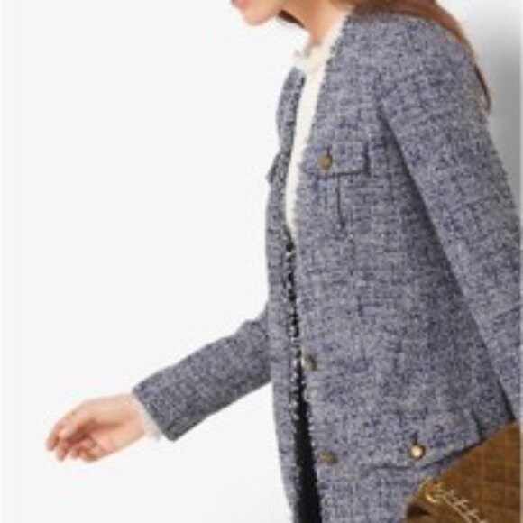 MICHAEL Michael Kors Navy Blue & White Tweed Fringe Jacket with Belt Size 0 EUC - Picture 8 of 9